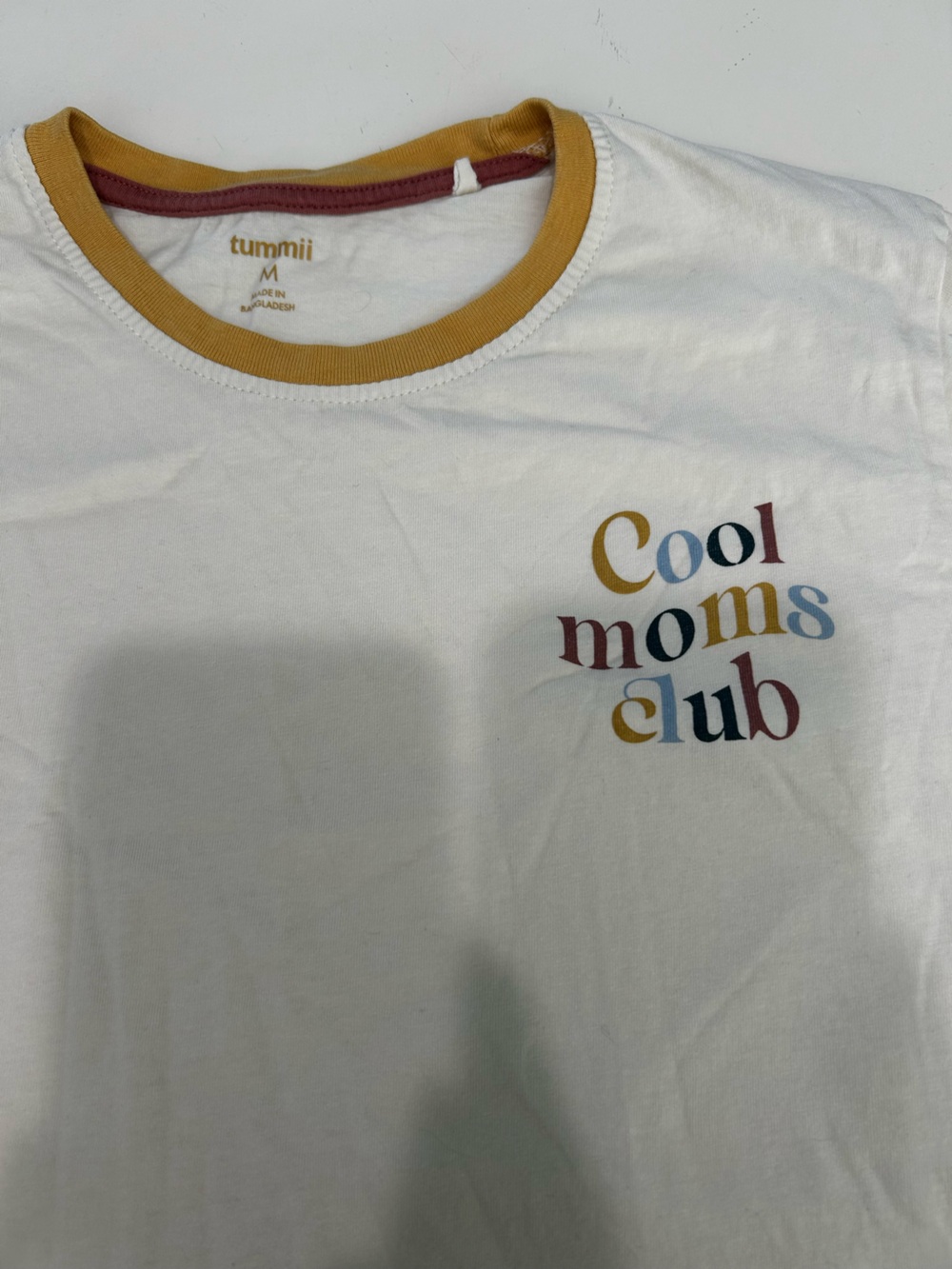 White Ringer Tee with Multicolor "Cool Moms Club" Print
